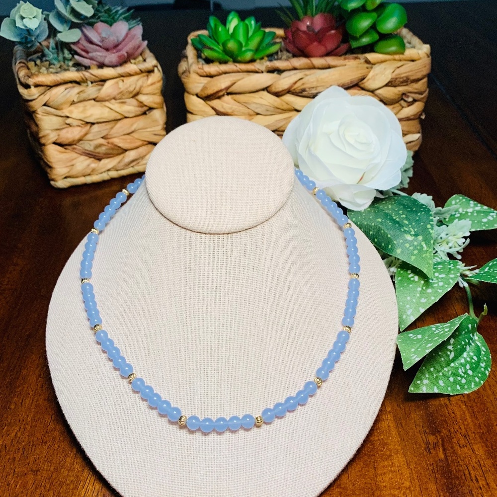 Old fashioned, Feminine, Baby Blue and Gold Lucite Beaded Necklace, 24”